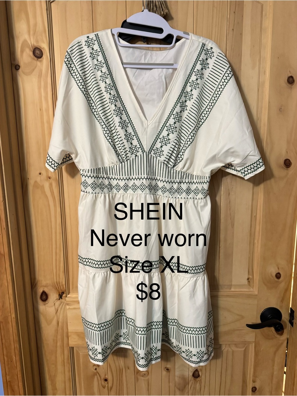 SHEIN White Dress with Green Geometric Embroidery